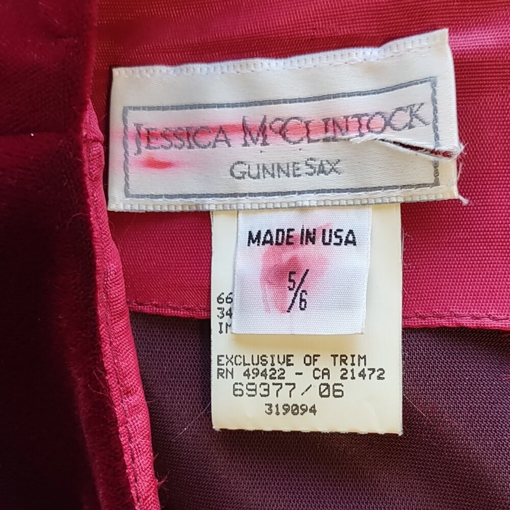 Vintage Gunne Sax Jessica McClintock Cranberry Red Velvet Dress USA Women Sz 5/6 - Picture 9 of 11
